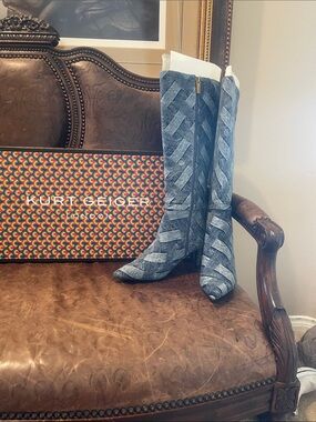 Kurt Geiger Blue Patchwork Denim Knee Boots